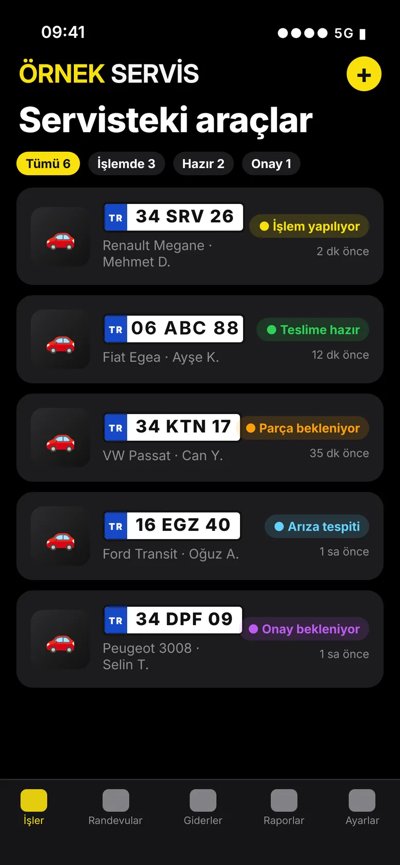 Araç kabul ekranı