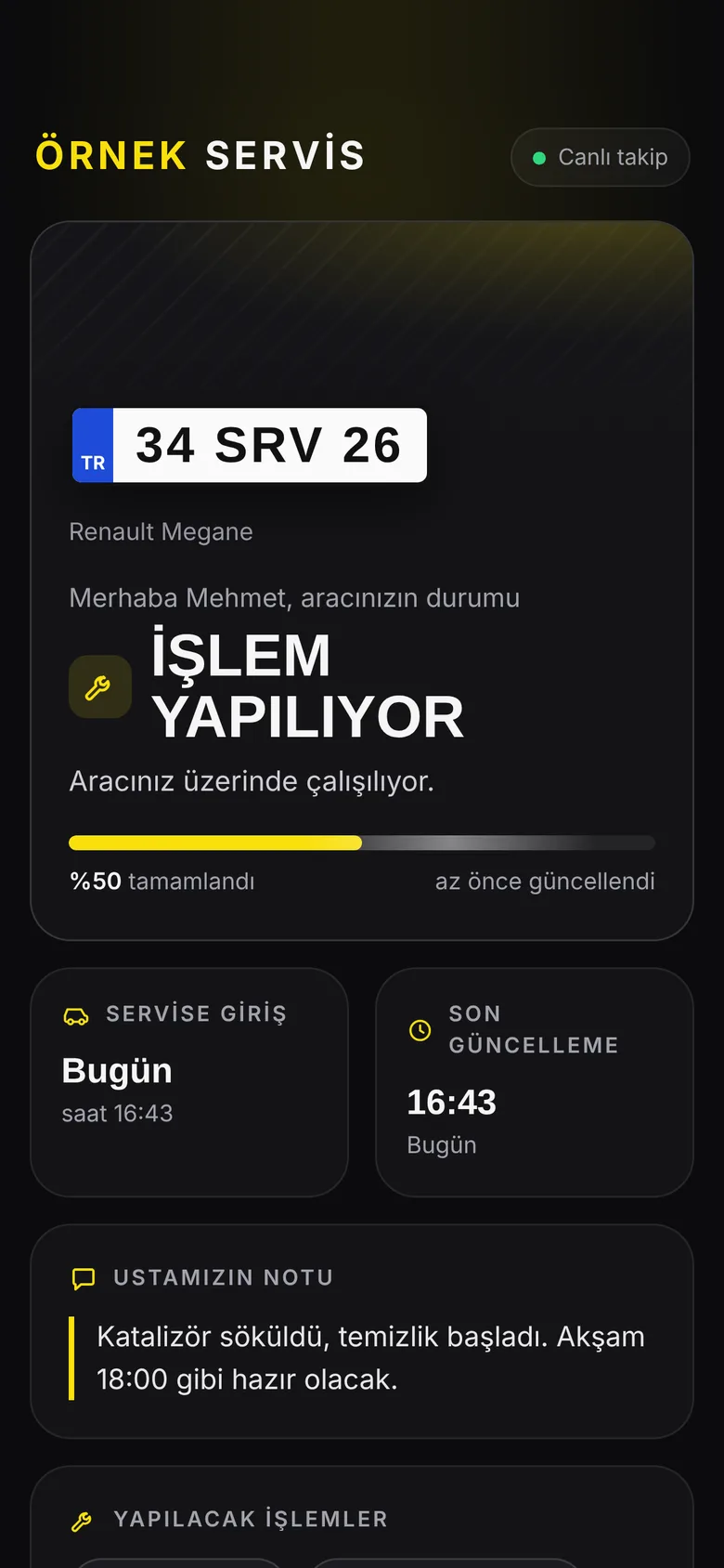 Müşteri canlı takip ekranı